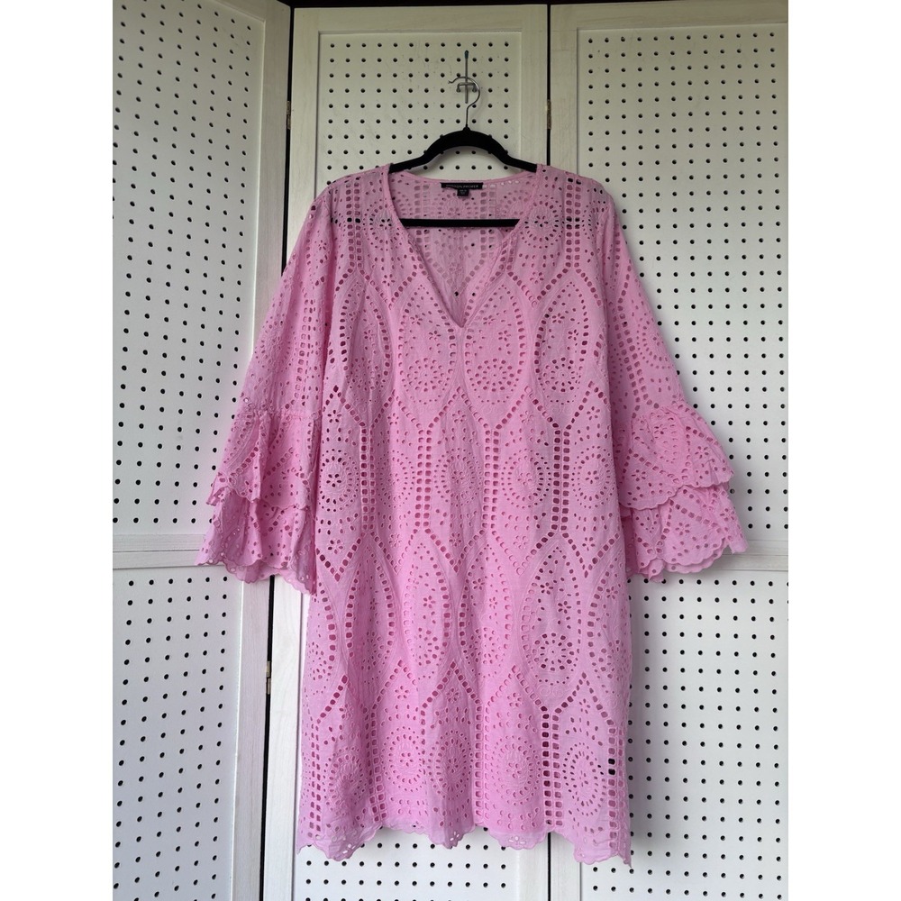 Boston Proper Pink Eyelet Tunic Cotton Dress Size XL Tiered SLV Cottagecore Boho
